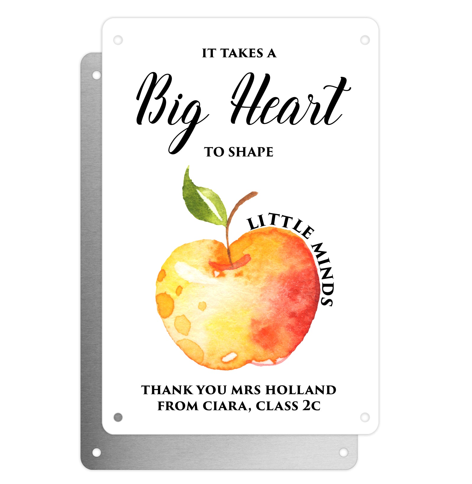 Personalised Teacher Tribute Aluminium Plaque –'It Takes A Big Heart To Shape Little Minds' with Apple Graphic, Leaving Gift