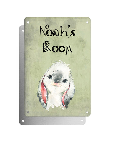 Cute Animal Personalised Name Plaque – Baby Rabbit | Vintage-Style Green Aluminium Sign for Kids’ Room