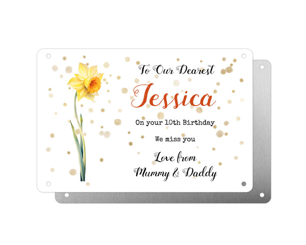 Personalised Graveside Plaque, Aluminium Bereavement Sheet, Metal Sign, Daffodil Remembrance Gift