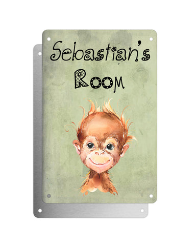 Cute Animal Personalised Name Plaque – Baby Orangutan | Vintage-Style Green Aluminium Sign for Kids’ Room