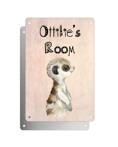 Cute Animal Personalised Name Plaque – Baby Meerkat Side Profile | Vintage-Style Aluminium Sign for Kids’ Room