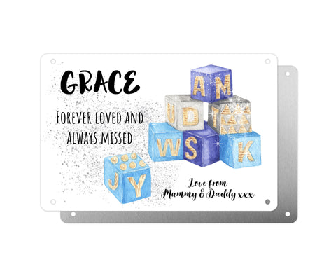 Personalised Graveside Plaque, Aluminium Bereavement Sheet, Metal Sign, Building Blocks, Remembrance Gift