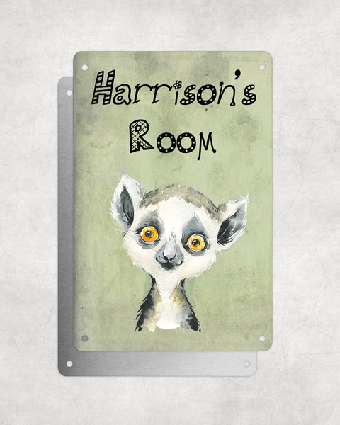 Cute Animal Personalised Name Plaque – Baby Lemur | Vintage-Style Green Aluminium Sign for Kids’ Room