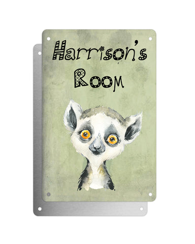 Cute Animal Personalised Name Plaque – Baby Lemur | Vintage-Style Green Aluminium Sign for Kids’ Room