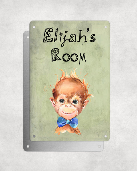 Cute Animal Personalised Name Plaque – Baby Orangutan With Blue Bow Tie | Vintage-Style Green Aluminium Sign for Kids’ Room