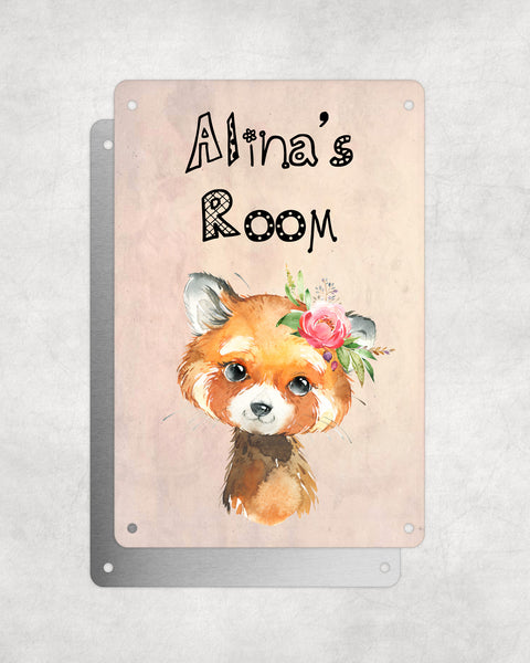 Cute Animal Personalised Name Plaque – Baby Red Panda | Vintage-Style Aluminium Sign for Kids’ Room