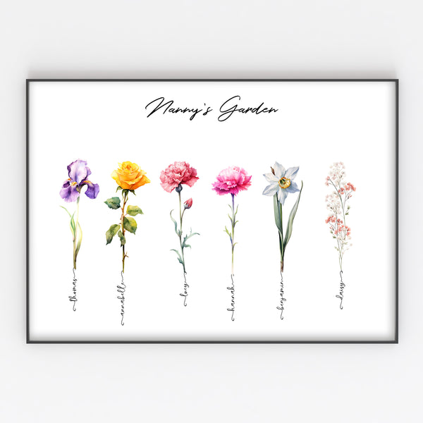 Nanny's Garden Flowers, Watercolour Personalised Family Print for Grandad, Gran, Nan, Grandparents