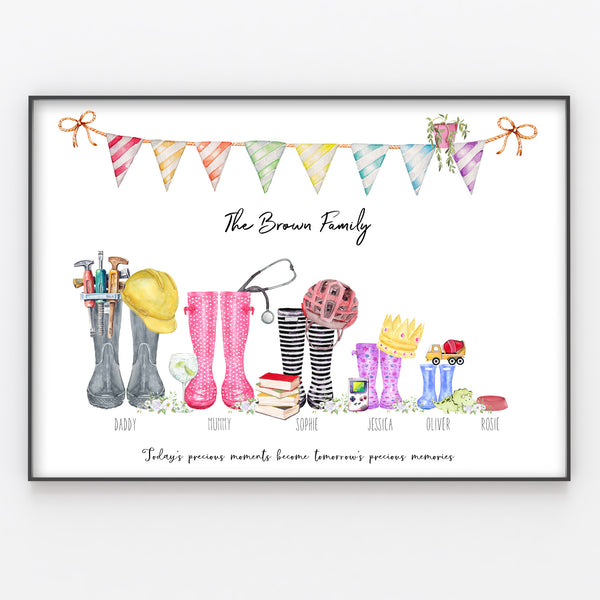 Wellington Boot Family Print Personalised Rain Boot Wall Art Gift