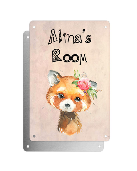 Cute Animal Personalised Name Plaque – Baby Red Panda | Vintage-Style Aluminium Sign for Kids’ Room