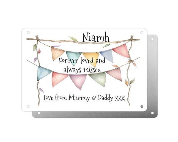 Personalised Graveside Plaque, Aluminium Bereavement Sheet, Metal Sign, Leafy Bunting, Remembrance Gift