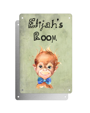 Cute Animal Personalised Name Plaque – Baby Orangutan With Blue Bow Tie | Vintage-Style Green Aluminium Sign for Kids’ Room