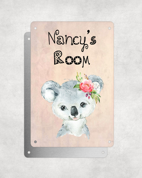 Cute Animal Personalised Name Plaque – Baby Koala With Flower | Vintage-Style Aluminium Sign for Kids’ Room