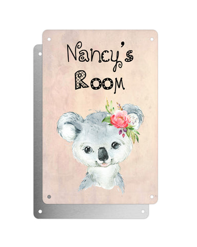 Cute Animal Personalised Name Plaque – Baby Koala With Flower | Vintage-Style Aluminium Sign for Kids’ Room