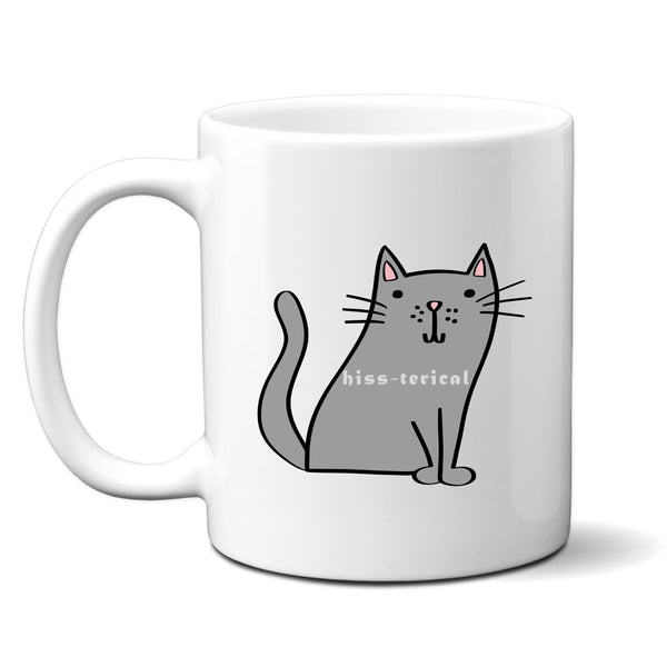 Hiss-terical, Funny Birthday Gift with Grey Cat Design, Personalised Mug