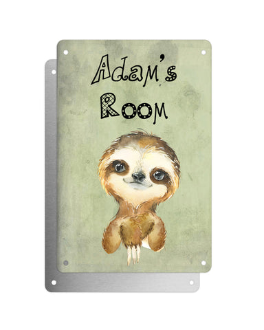 Cute Animal Personalised Name Plaque – Little Sloth | Vintage-Style Green Aluminium Sign for Kids’ Room