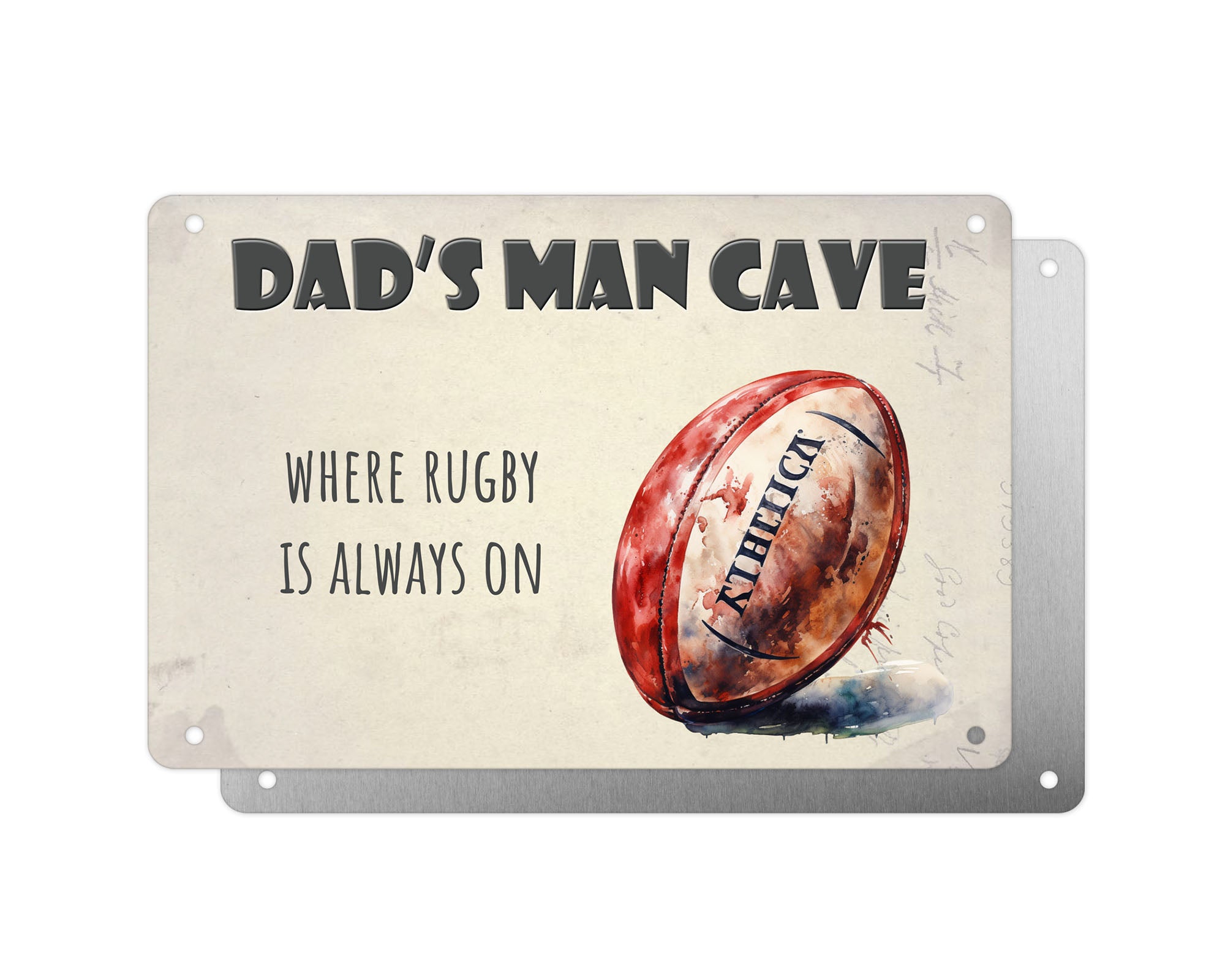 Father's Day Personalised Plaque, Dads Man Cave Where Rugby is Always On, Aluminium Sheet, Metal Shed Sign, Gift For Him, Dad, Grandad