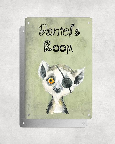 Cute Animal Personalised Name Plaque – Baby Lemur With Eyepatch | Vintage-Style Green Aluminium Sign for Kids’ Room
