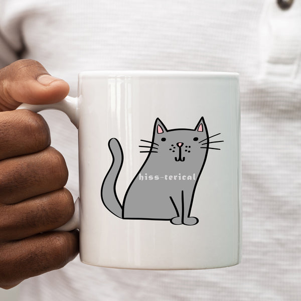 Hiss-terical, Funny Birthday Gift with Grey Cat Design, Personalised Mug