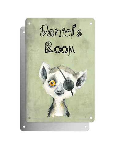 Cute Animal Personalised Name Plaque – Baby Lemur With Eyepatch | Vintage-Style Green Aluminium Sign for Kids’ Room