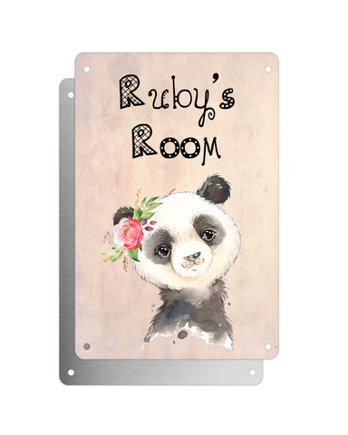 Cute Animal Personalised Name Plaque – Baby Panda With Flower | Vintage-Style Aluminium Sign for Kids’ Room