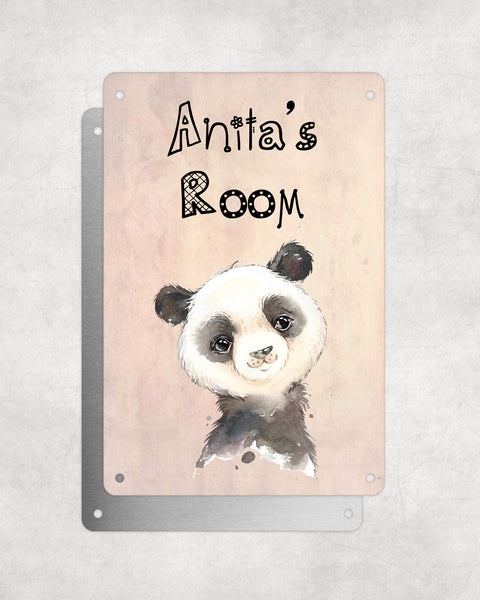 Cute Animal Personalised Name Plaque – Baby Panda | Vintage-Style Aluminium Sign for Kids’ Room