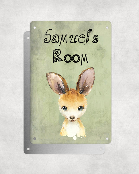 Cute Animal Personalised Name Plaque – Baby Kangaroo | Vintage-Style Green Aluminium Sign for Kids’ Room