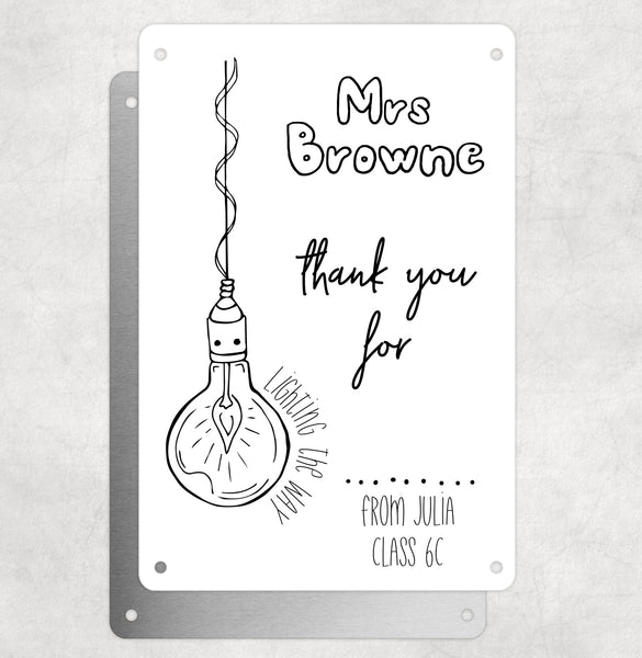 Personalised Teacher Tribute Aluminium Plaque – 'Thank You For Lighting The Way' With Light Bulb Graphic, Leaving Gift