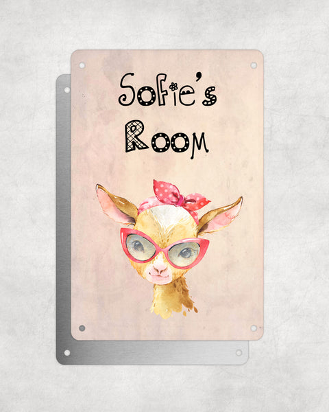 Cute Animal Personalised Name Plaque – Baby Goat with Head Tie Vintage-Style Aluminium Sign for Kids’ Room