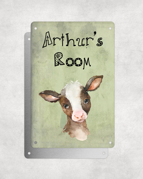 Cute Animal Personalised Name Plaque – Baby Calf | Vintage-Style Green Aluminium Sign for Kids’ Room