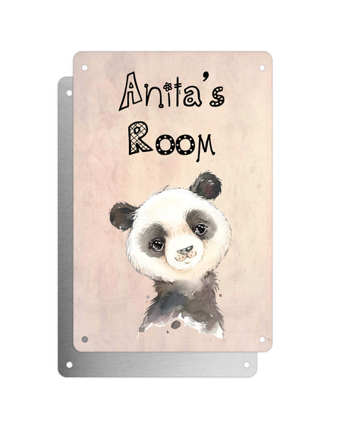 Cute Animal Personalised Name Plaque – Baby Panda | Vintage-Style Aluminium Sign for Kids’ Room