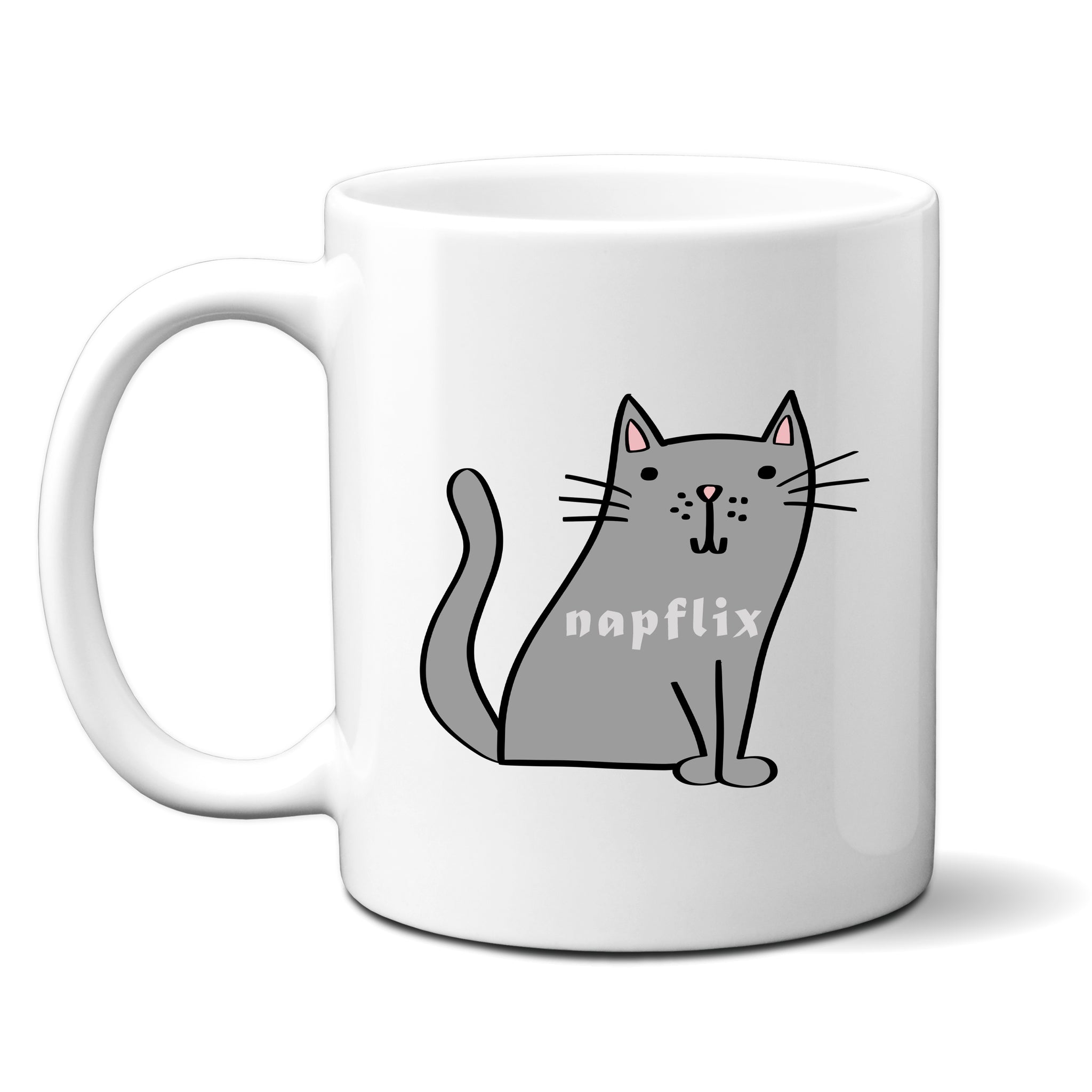 Napflix, Funny Birthday Gift with Grey Cat Design, Personalised Mug