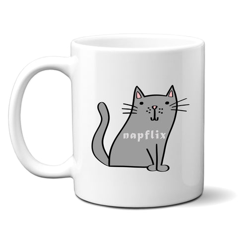 Napflix, Funny Birthday Gift with Grey Cat Design, Personalised Mug