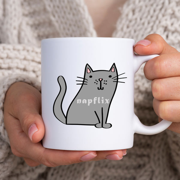 Napflix, Funny Birthday Gift with Grey Cat Design, Personalised Mug