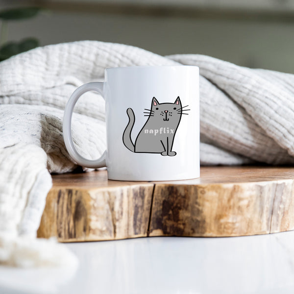 Napflix, Funny Birthday Gift with Grey Cat Design, Personalised Mug