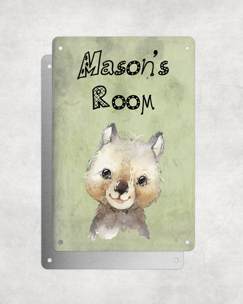 Cute Animal Personalised Name Plaque – Baby Wombat | Vintage-Style Green Aluminium Sign for Kids’ Room