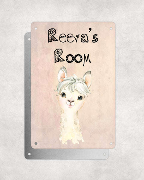 Cute Animal Personalised Name Plaque – Little White Llama | Vintage-Style Aluminium Sign for Kids’ Room
