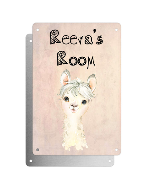 Cute Animal Personalised Name Plaque – Little White Llama | Vintage-Style Aluminium Sign for Kids’ Room