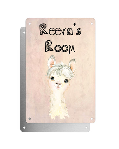 Cute Animal Personalised Name Plaque – Little White Llama | Vintage-Style Aluminium Sign for Kids’ Room