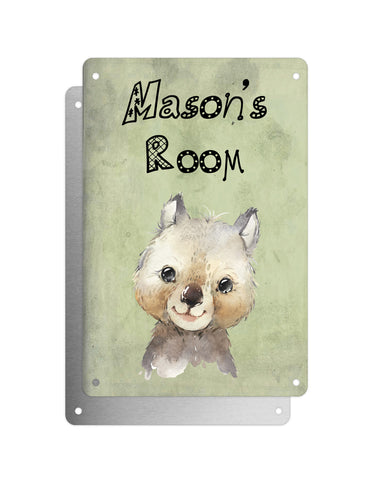 Cute Animal Personalised Name Plaque – Baby Wombat | Vintage-Style Green Aluminium Sign for Kids’ Room
