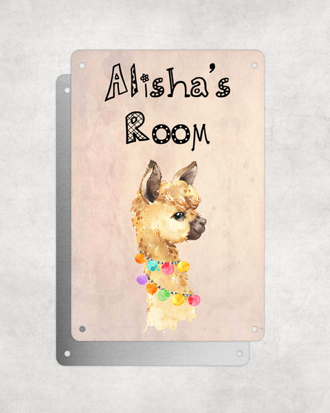 Cute Animal Personalised Name Plaque – Little Brown Llama With Hawaiin Lei | Vintage-Style Aluminium Sign for Kids’ Room