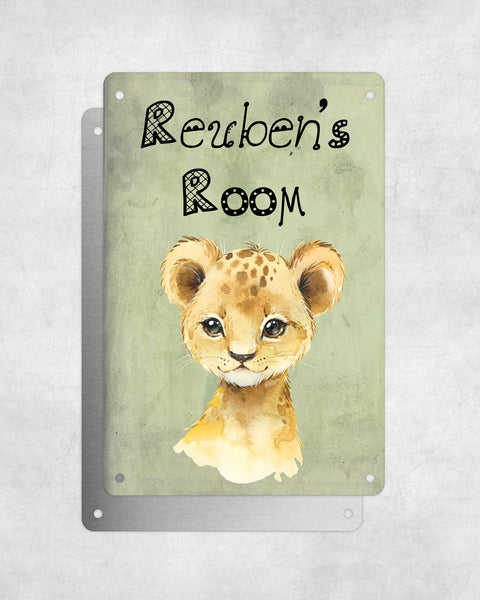 Cute Animal Personalised Name Plaque – Baby Lion | Vintage-Style Green Aluminium Sign for Kids’ Room