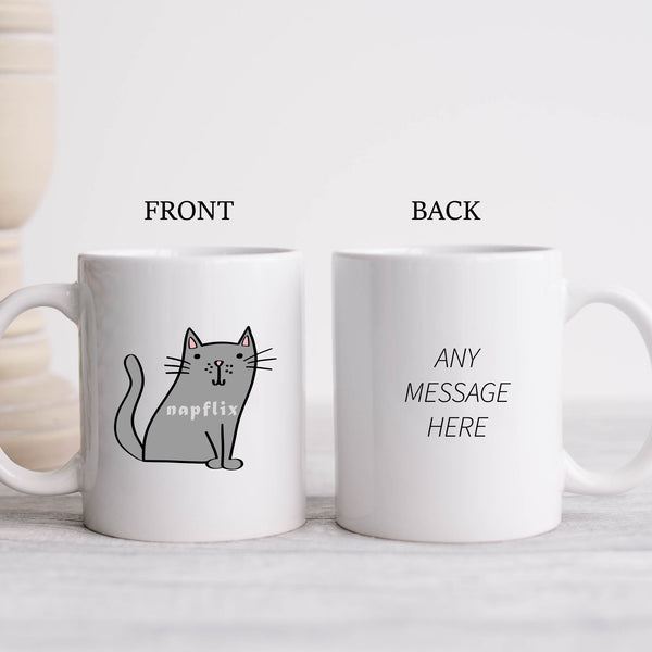 Napflix, Funny Birthday Gift with Grey Cat Design, Personalised Mug