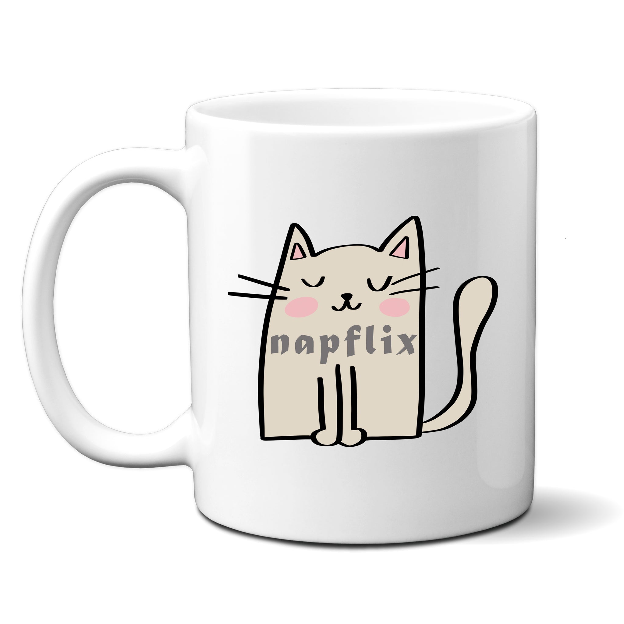 Napflix, Funny Birthday Gift with Cream Cat Design, Personalised Mug