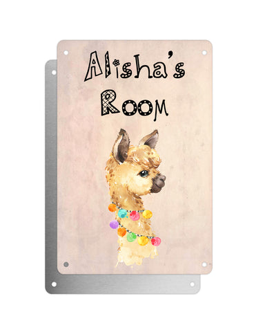 Cute Animal Personalised Name Plaque – Little Brown Llama With Hawaiin Lei | Vintage-Style Aluminium Sign for Kids’ Room