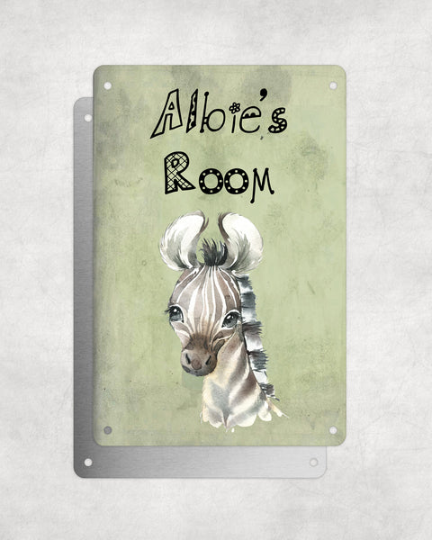 Cute Animal Personalised Name Plaque – Baby Zebra | Vintage-Style Green Aluminium Sign for Kids’ Room