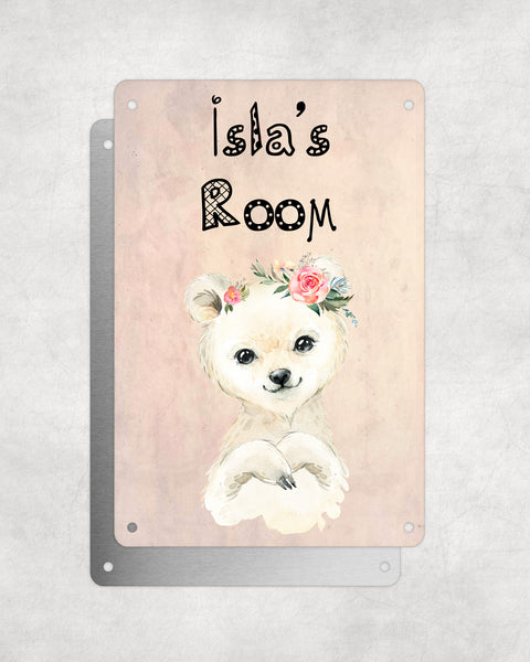 Cute Animal Personalised Name Plaque – Baby Polar Bear With Flowers | Vintage-Style Aluminium Sign for Kids’ Room
