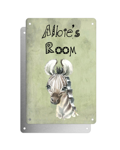 Cute Animal Personalised Name Plaque – Baby Zebra | Vintage-Style Green Aluminium Sign for Kids’ Room