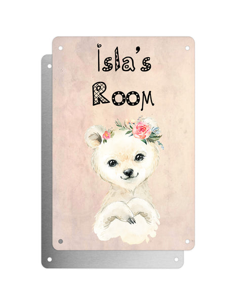 Cute Animal Personalised Name Plaque – Baby Polar Bear With Flowers | Vintage-Style Aluminium Sign for Kids’ Room