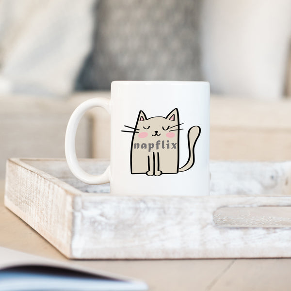 Napflix, Funny Birthday Gift with Cream Cat Design, Personalised Mug