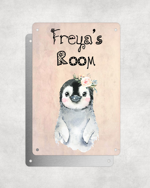 Cute Animal Personalised Name Plaque – Baby Penguin With Flower | Vintage-Style Aluminium Sign for Kids’ Room